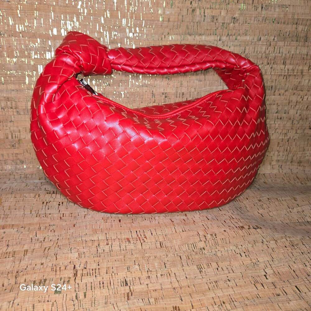 Red Woven Intrecciato Style Knotted Hobo Shoulder Bag